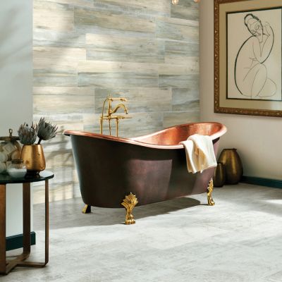 stylish bathroom with tile floors and wood look accent wall